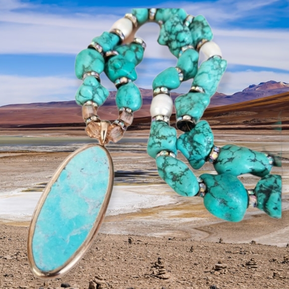 Hand Crafted Turquoise Pendant & Howlite Nugget Freshwater Pearl Beaded Necklace - Picture 2 of 15